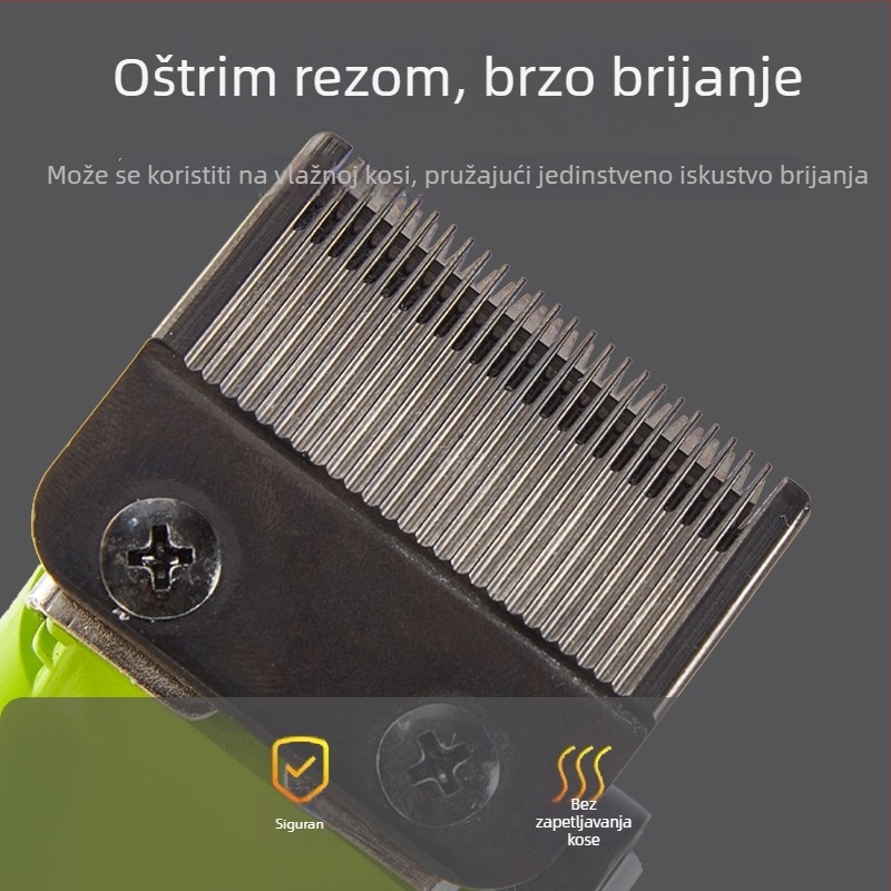 Profesionalni bežični električni šišač kose s brushless motorom, model 106A, oštrice od titanijskog legura, odvojiva i periva glava, 10W, punjivi, trajanje baterije 2,5 sati.