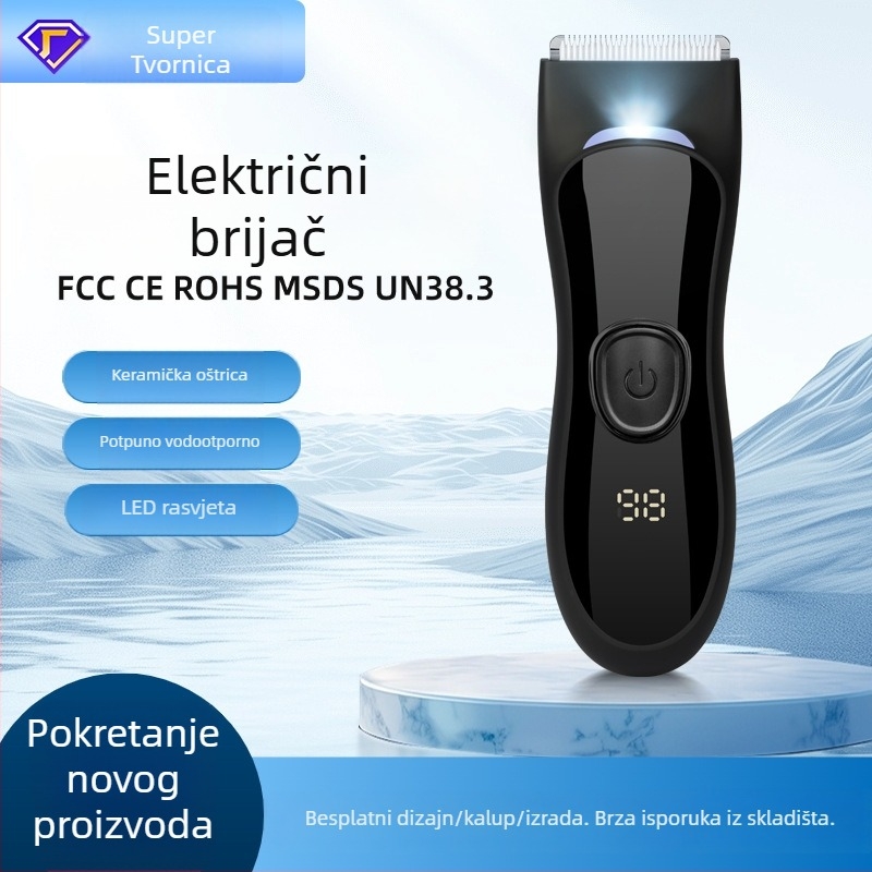 Električni kliper za tijelo sa keramnim oštricama, vodootporan, ugrađena baterija 500–800 mAh, radno vrijeme 1–3 h, odvojiva i periva glava