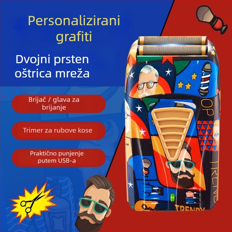 Prijenosni bežični stroj za kosu s četkastim motorom, odvojiva periva glava noža, ugrađena baterija 500-800 mAh, radno vrijeme 1-3 sata, noževi od finog čelika, niska razina buke 36-45 dB