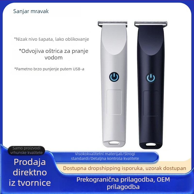 Kućni električni frizer za kosu — oštrica od titanijeve legure; četkasti motor; ugrađena baterija 300–500 mAh; radno vrijeme 1–3 h; automatsko čišćenje