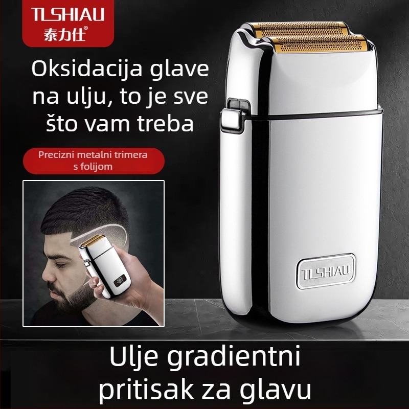 Tailis reciprokirajući brijač za frizerski salon — oštrica od titanij‑lijevne legure, punjiva, čišćenje četkom, metalno kućište