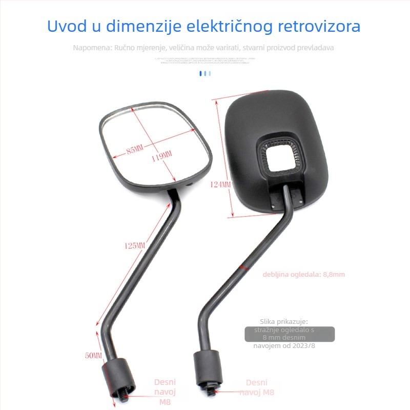 Zrcalo retrovizora za električno vozilo, konveksno veliko polje pogleda, staklena površina zrcala, 8-vodični priključak, u skladu s novim nacionalnim standardom
