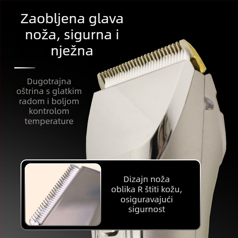 Električni šišač za kosu – prijenosni, dvostruko napajanje (punjenje/struja), motor s četkom, keramički noževi, uklonjiva i prala glava oštrice, trajanje baterije 3–6 sati