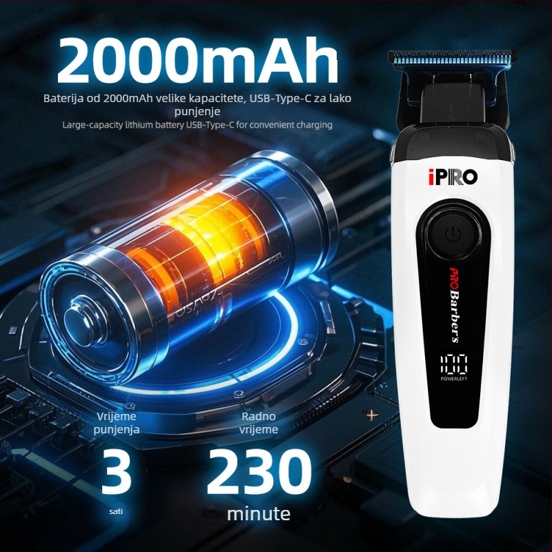 Graviranje frizure – električni trimer za kosu, kućna upotreba, bezčetkasti motor, nehrđajući čelik oštrice, ugrađena baterija 2000-4000 mAh, trajanje 3-6 h, buka 46-70 dB
