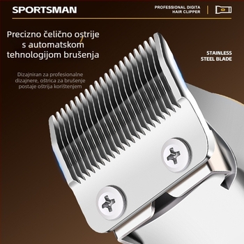 Električni kliper za kosu, profesionalni salon, četkasti motor, nehrđajuće čelične oštrice, ugrađena baterija 1200-2000mAh, trajanje baterije 1–3 sata, punjivi