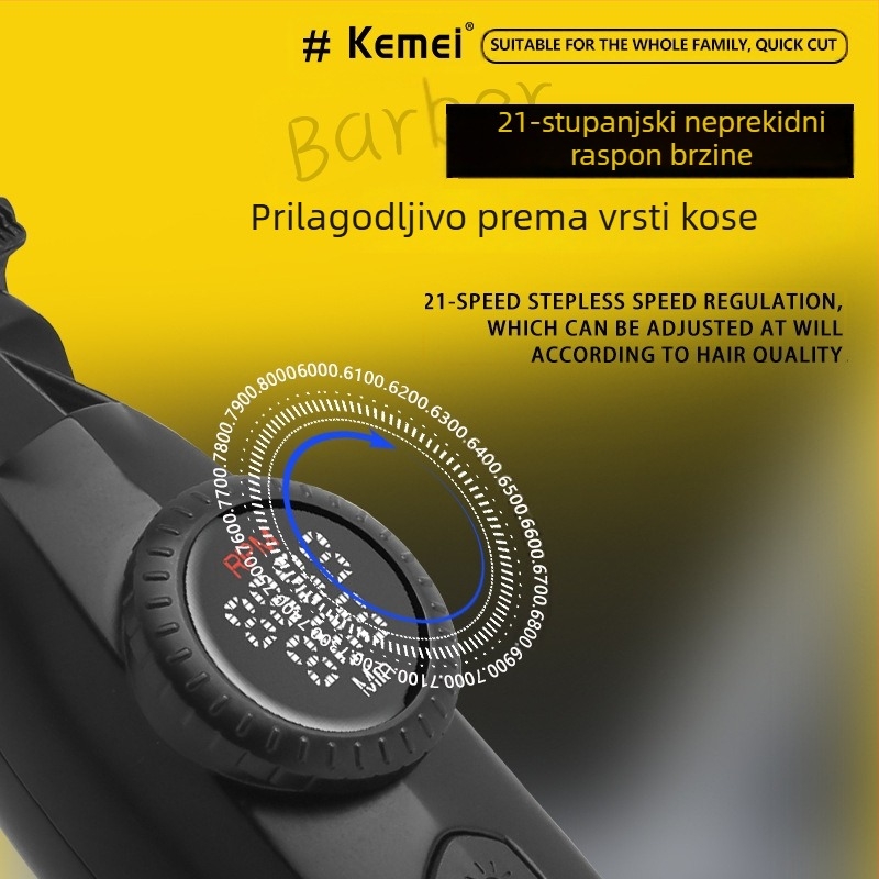 Električni uređaj za šišanje kose – punjiv, ugrađena baterija 1200–2000 mAh, motor s četkicama, oštrice od nehrđajućeg čelika, odvojiva i periva glava za rezanje