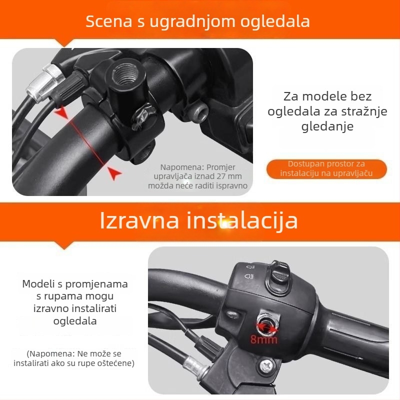 Zadnje ogledalo za električna bicikla/romobila, univerzalni model, HD jasnoća, protiv vibracija, široko vidno polje, 8 mm navoj