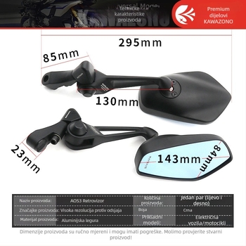 Aos3 aluminijske legure retrovizor za motocikle, opći model, kvadratni, prednje i stražnje zube montaža