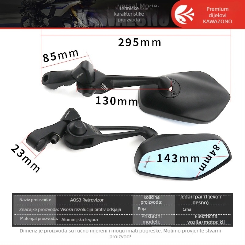 Aos3 aluminijske legure retrovizor za motocikle, opći model, kvadratni, prednje i stražnje zube montaža
