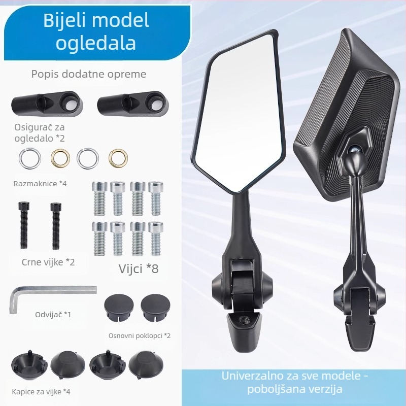 Zrcalo retrovizor za električni skuter, universalni kvadratni oblik, aluminijeva legura, montaža naprijed i nazad