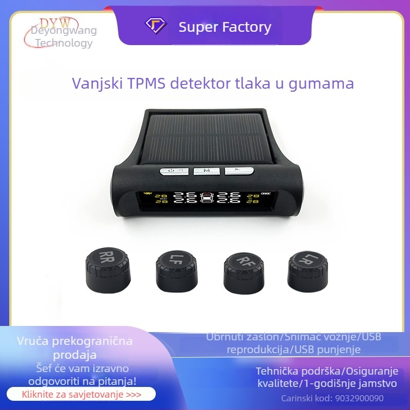 Solarni bežični vanjski TPMS monitor tlaka u gumama za automobile s digitalnim zaslonom u boji