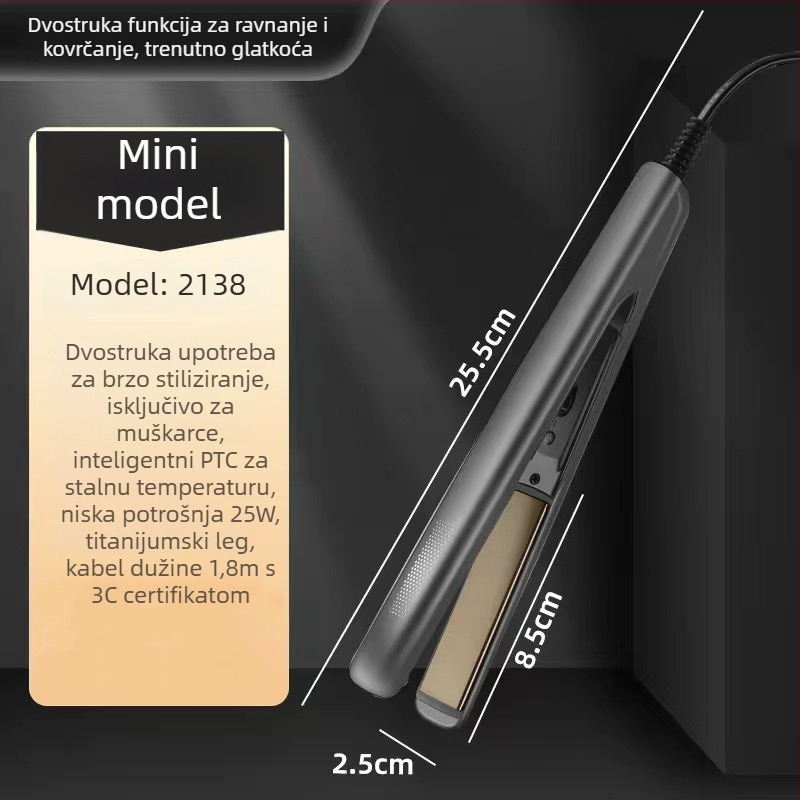 Dual-use mini pegla za kosu i uvijač, keramičko grijanje, promjer <15 mm, žično napajanje AC, 20W, 100–240V, za mokru i suhu kosu, automatska kontrola temperature