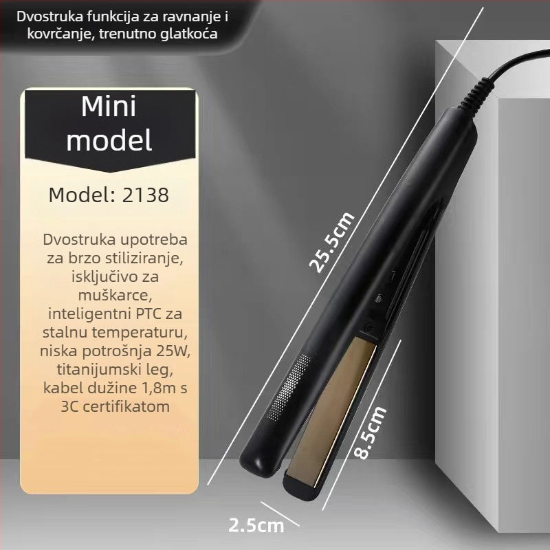 Dual-use mini pegla za kosu i uvijač, keramičko grijanje, promjer <15 mm, žično napajanje AC, 20W, 100–240V, za mokru i suhu kosu, automatska kontrola temperature