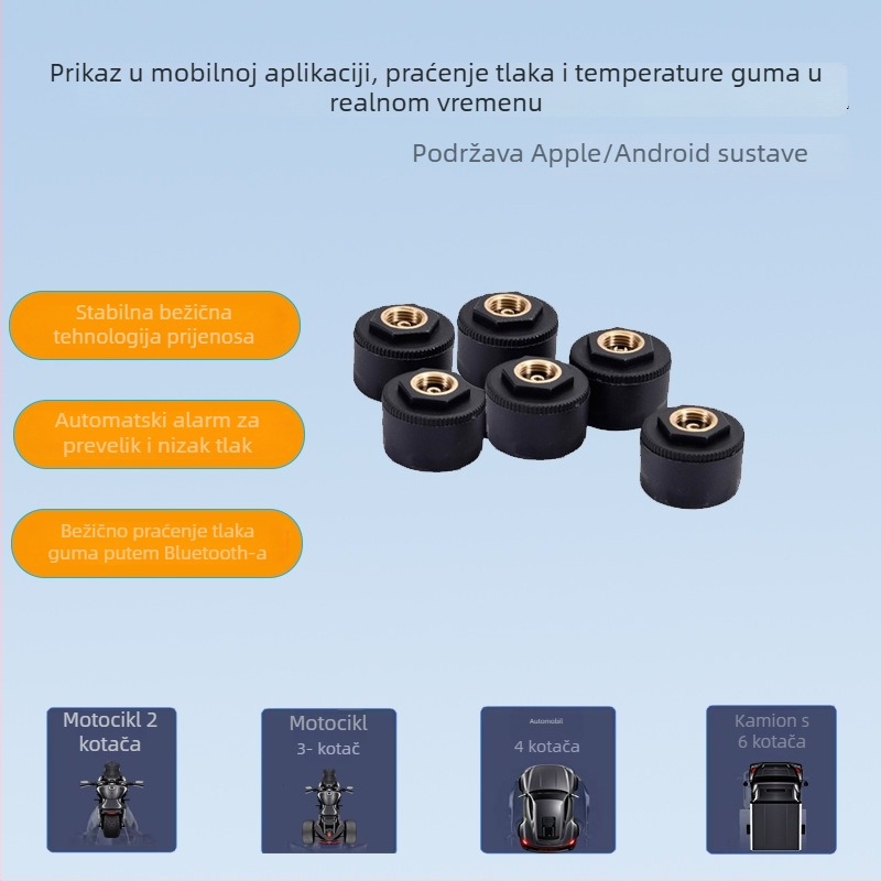 Vanjski TPMS sustav za praćenje tlaka u gumama - Bluetooth APP prikaz, TR03 model, raspon tlaka 700, visoka preciznost