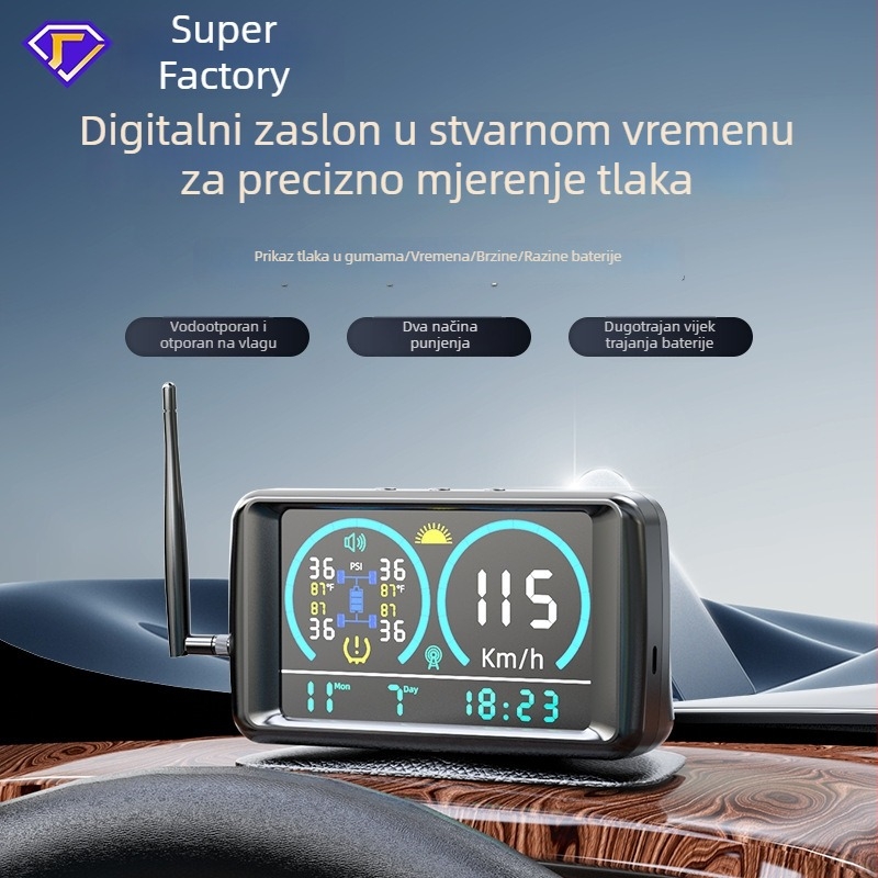 Sustav praćenja tlaka u gumama s velikim zaslonom, mjerenjem vremena i temperature, pametnim digitalnim prikazom, solarnim napajanjem i GPS pozicioniranjem brzine