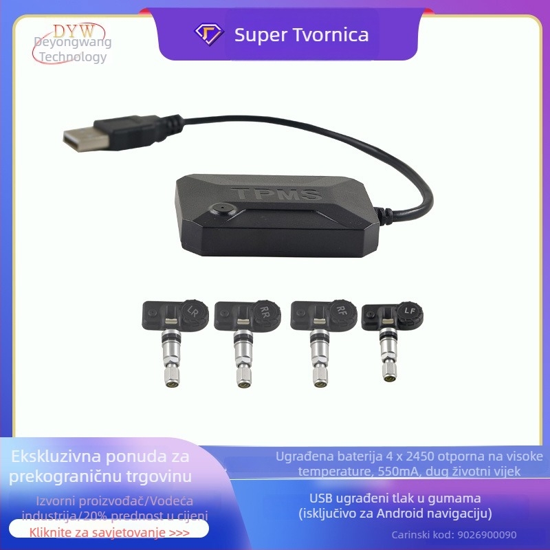 USB ugrađeni sustav praćenja tlaka u gumama s velikim zaslonom za Android navigaciju – TPMS