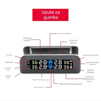 Kuyoule Vanjski bežični TPMS sa solarnim napajanjem i glasovnim upozorenjima, visoka preciznost za male i srednje automobile, model C260
