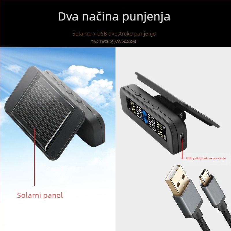 Kuyoule Vanjski bežični TPMS sa solarnim napajanjem i glasovnim upozorenjima, visoka preciznost za male i srednje automobile, model C260