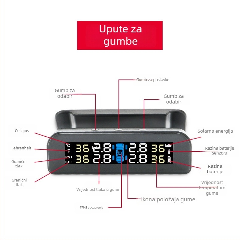 Kuyoule Vanjski bežični TPMS sa solarnim napajanjem i glasovnim upozorenjima, visoka preciznost za male i srednje automobile, model C260