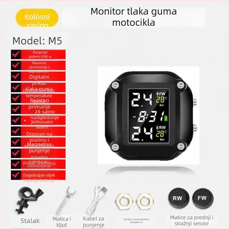 M5 sustav praćenja tlaka u gumama za motocikl, digitalni zaslon, raspon 0-8 bar, visoka preciznost