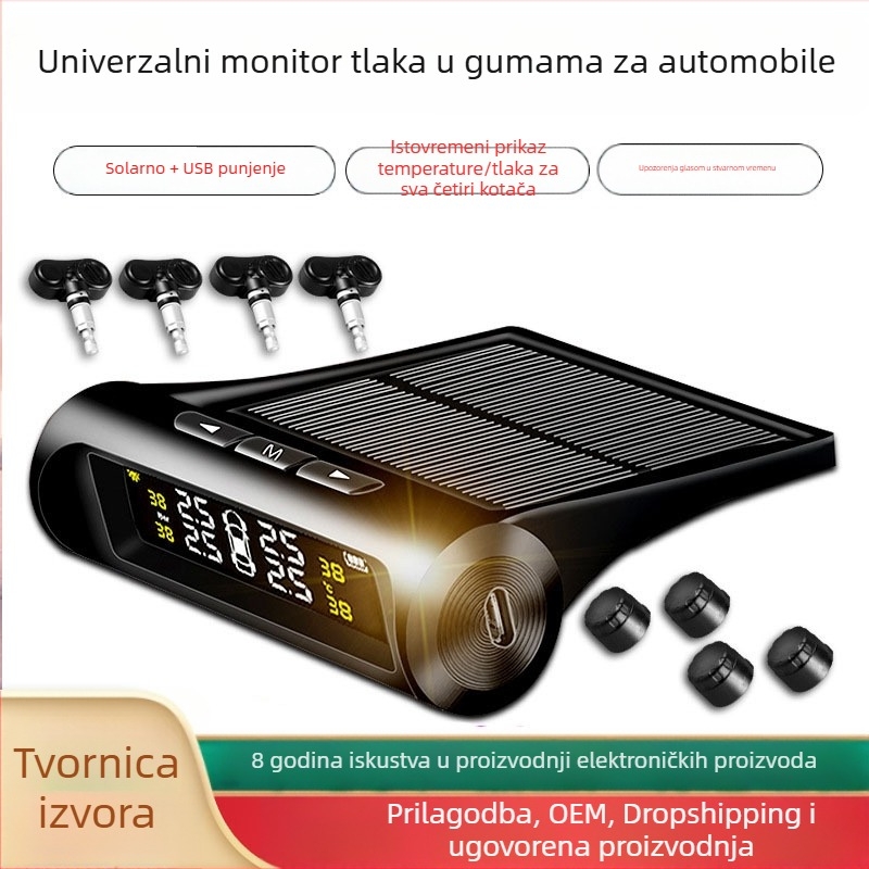 Solarni TPMS za nadzor tlaka u gumama za automobile, vanjski bežični senzor, univerzalno, visoka preciznost