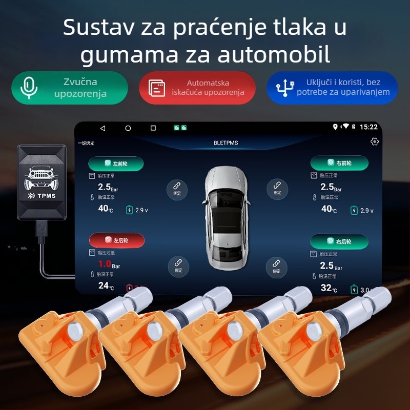 TPMS senzor za navigaciju autom s Bluetoothom, univerzalna kompatibilnost sa svim vozilima, mini veličina, dvostruki zaslon, raspon tlaka 0-7 BAR