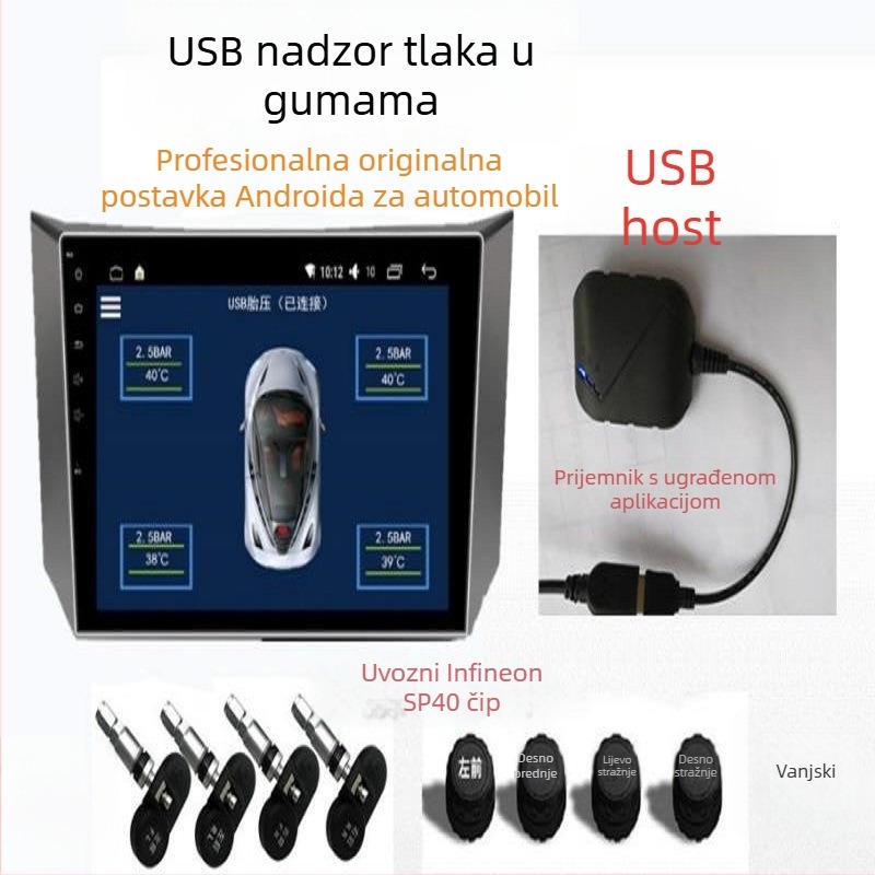 Auto USB TPMS sustav za praćenje tlaka u gumama s Android navigacijom, bežični monitor tlaka s ugrađenim mjerenjem tlaka