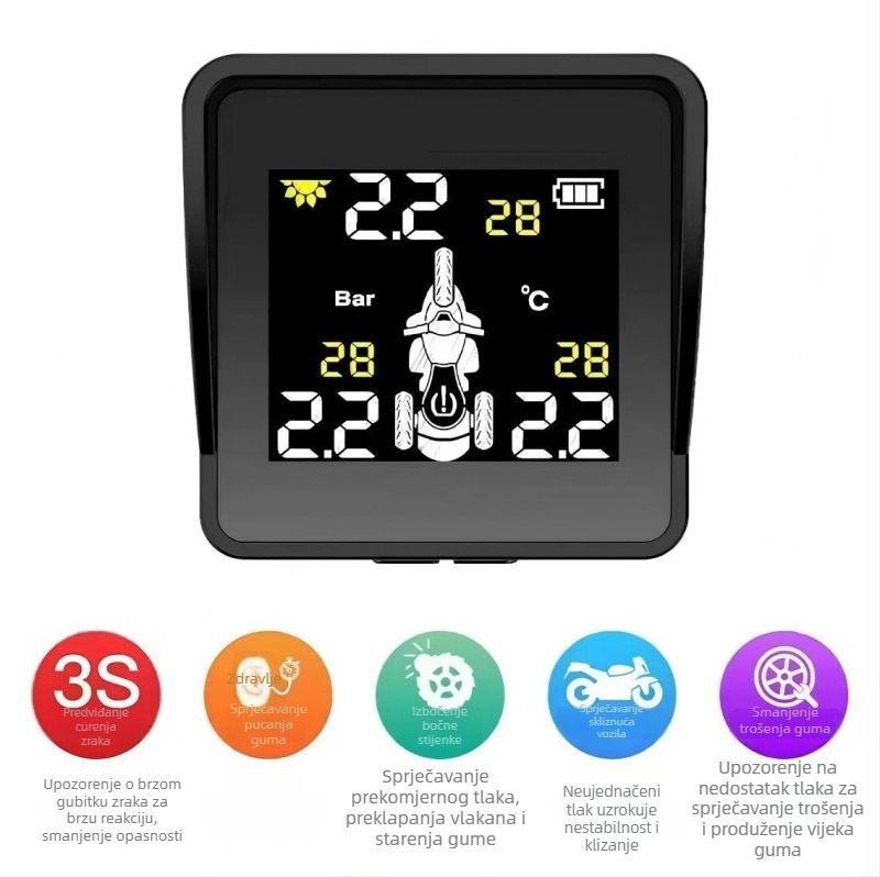 TPMS za tricikl motocikl: prednji i stražnji sustav praćenja tlaka u gumama, vanjski bežični senzori, digitalni zaslon, raspon 0,1–8 bar, visoka preciznost