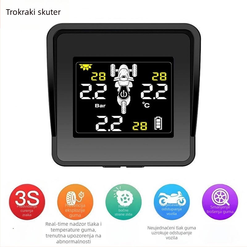 TPMS za tricikl motocikl: prednji i stražnji sustav praćenja tlaka u gumama, vanjski bežični senzori, digitalni zaslon, raspon 0,1–8 bar, visoka preciznost