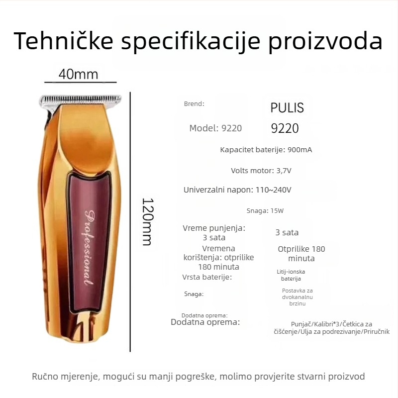 Frizerska električna mašinica za šišanje, punjiva, titanijske oštrice, motor s četkicama, nije vodootporna