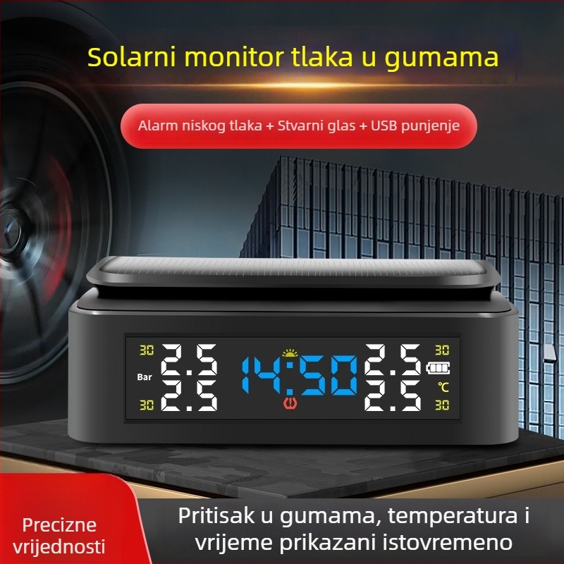 Prijenosni monitor tlaka u gumama sa solarnim napajanjem, bežičnom vezom i vanjskim prikazom vremena