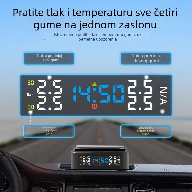 Prijenosni monitor tlaka u gumama sa solarnim napajanjem, bežičnom vezom i vanjskim prikazom vremena