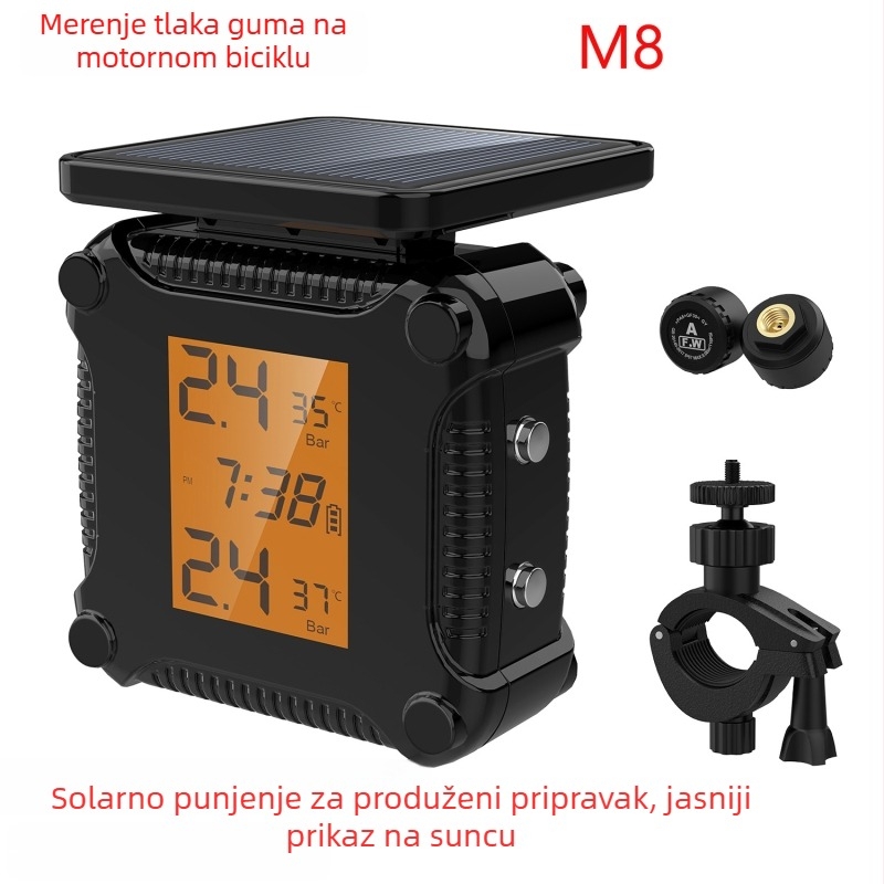 Sistem za nadzor tlaka u gumama motocikla s digitalnim zaslonom, USB/solarna napajanje, visokoprecizan senzor, model M8, raspon tlaka 0–6 bar