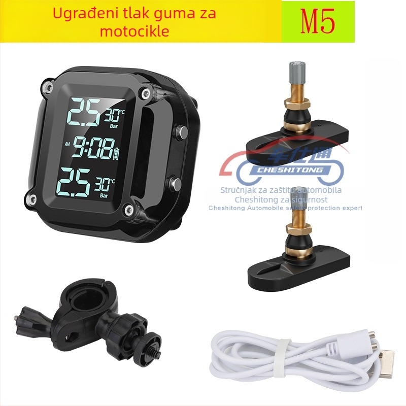 TPMS za motocikl s ugrađenim senzorom, model M5, digitalni zaslon, raspon tlaka 0-6.5 bar, sustav praćenja tlaka u gumama