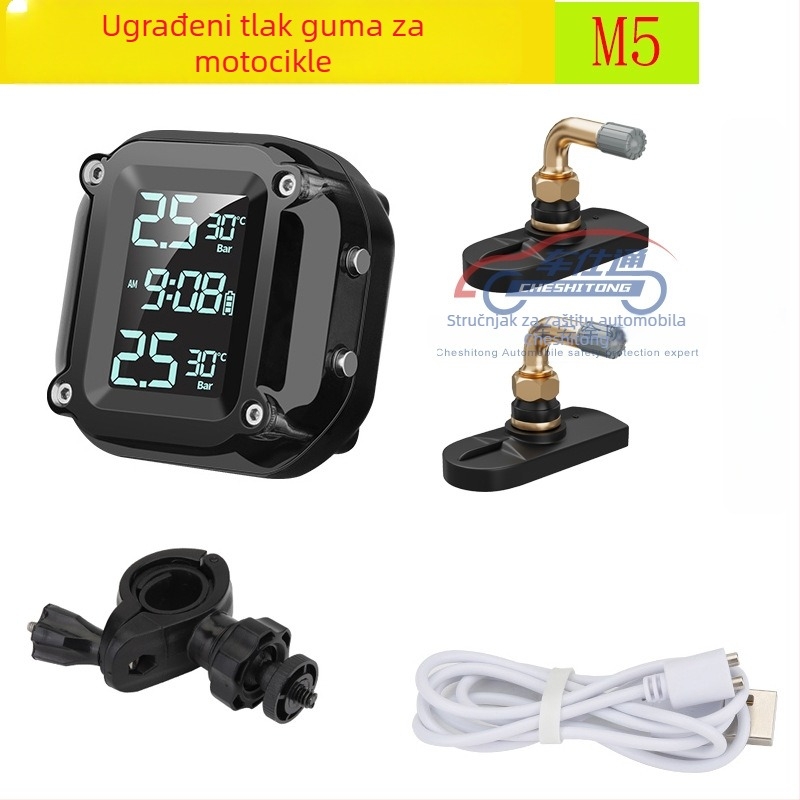 TPMS za motocikl s ugrađenim senzorom, model M5, digitalni zaslon, raspon tlaka 0-6.5 bar, sustav praćenja tlaka u gumama