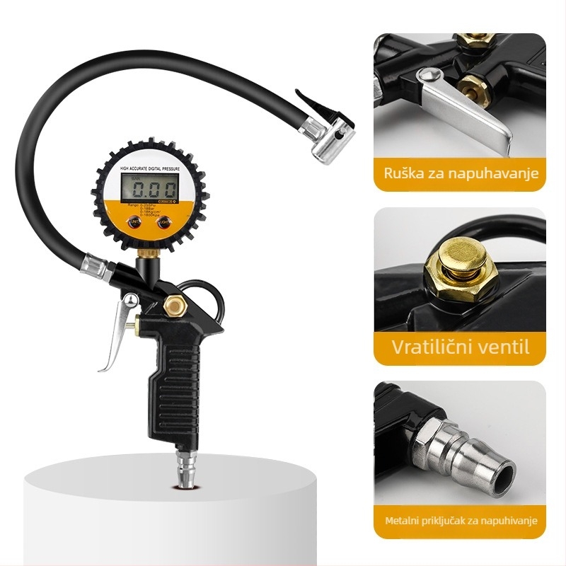 Mjerac tlaka u gumama automobila - elektronički, visoka preciznost, digitalni zaslon, aluminijsko kućište, funkcija ispuštanja zraka