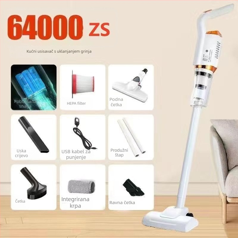 Bežični usisavač za kuću i auto — visoka snaga usisavanja >25 kPa, snaga 8000 AW, ugrađena baterija 1601–2000 mAh, napon ≤36V, radno vrijeme 0–1 h, tih rad