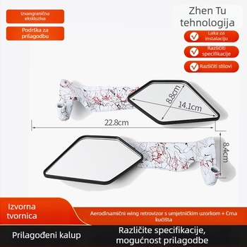 Motociklističko ogledalo s fiksnim krilom – kućište od aluminija i plastike, kvadratno ogledalo, montaža prednjih i stražnjih zubi, Zhentuo Zt-004; pogodno za motocikle i električna vozila
