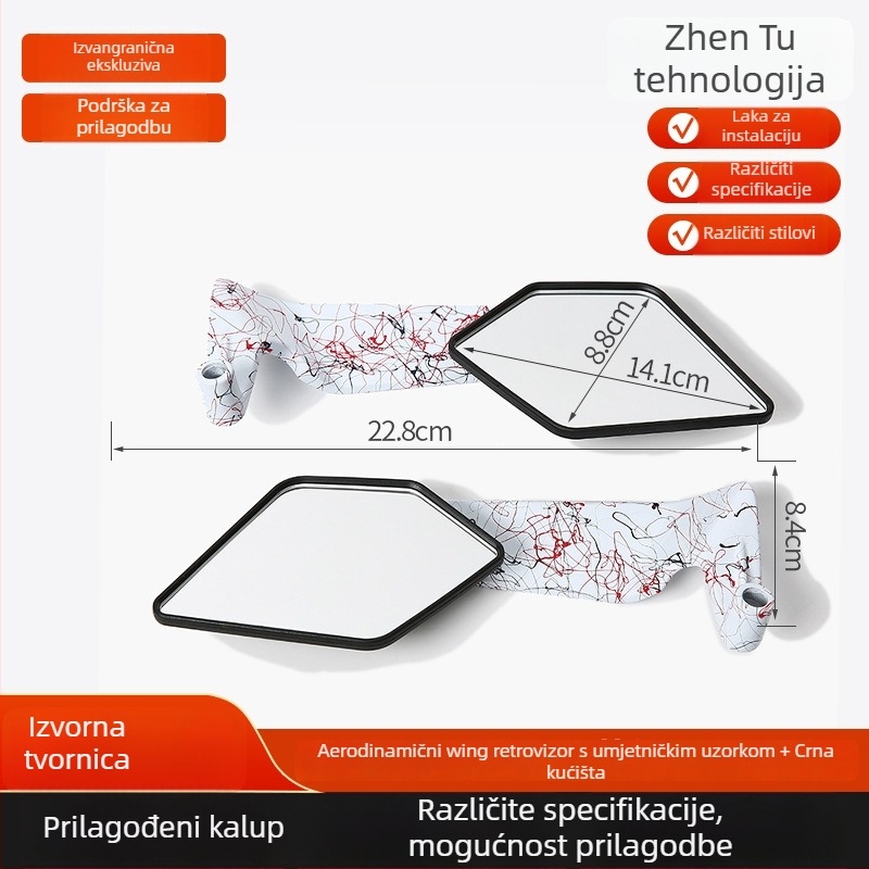 Motociklističko ogledalo s fiksnim krilom – kućište od aluminija i plastike, kvadratno ogledalo, montaža prednjih i stražnjih zubi, Zhentuo Zt-004; pogodno za motocikle i električna vozila