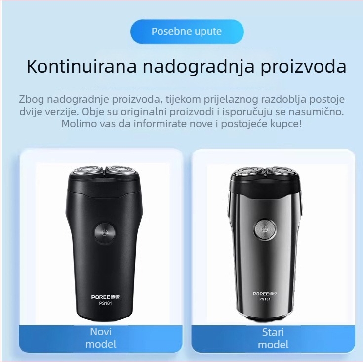 Borui električni brijač, rotativna glava s dvije oštrice, potpuno vodootporan, mokro i suho brijanje, trajanje baterije 45–60 minuta, punjivi, bezčetkasti motor