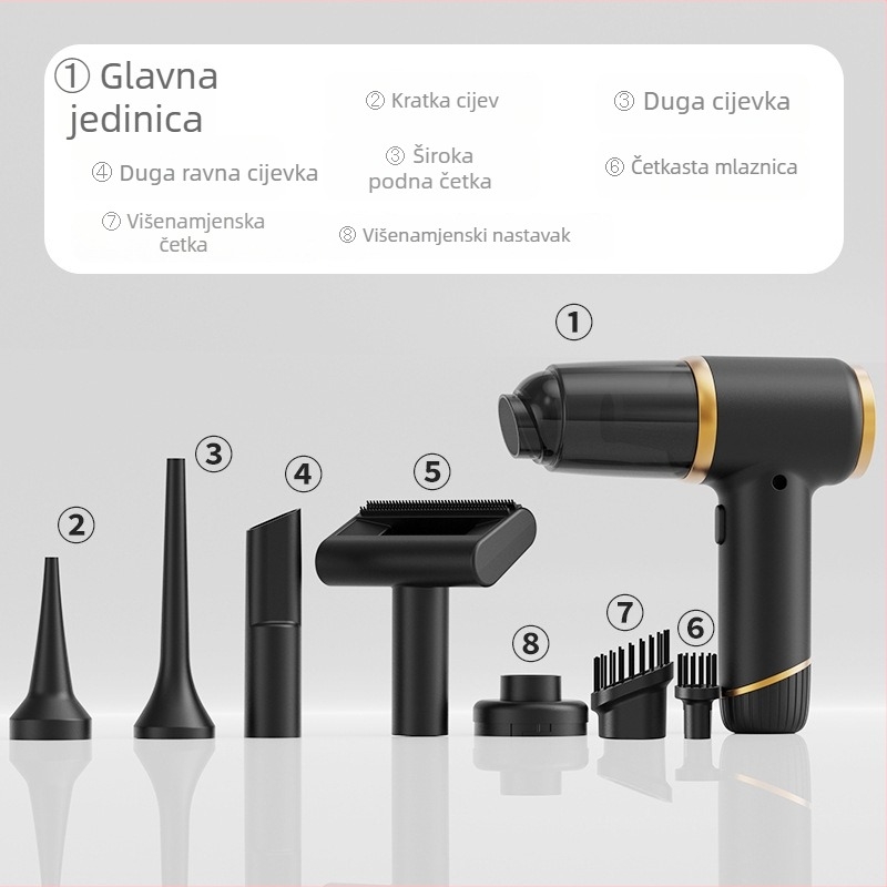 Bežični usisavač za auto i kuću s funkcijom puhanja i usisavanja, 60W, USB napajanje, ugrađena baterija 1001–1600 mAh, vrijeme rada 1–3 h, buka < 36 dB