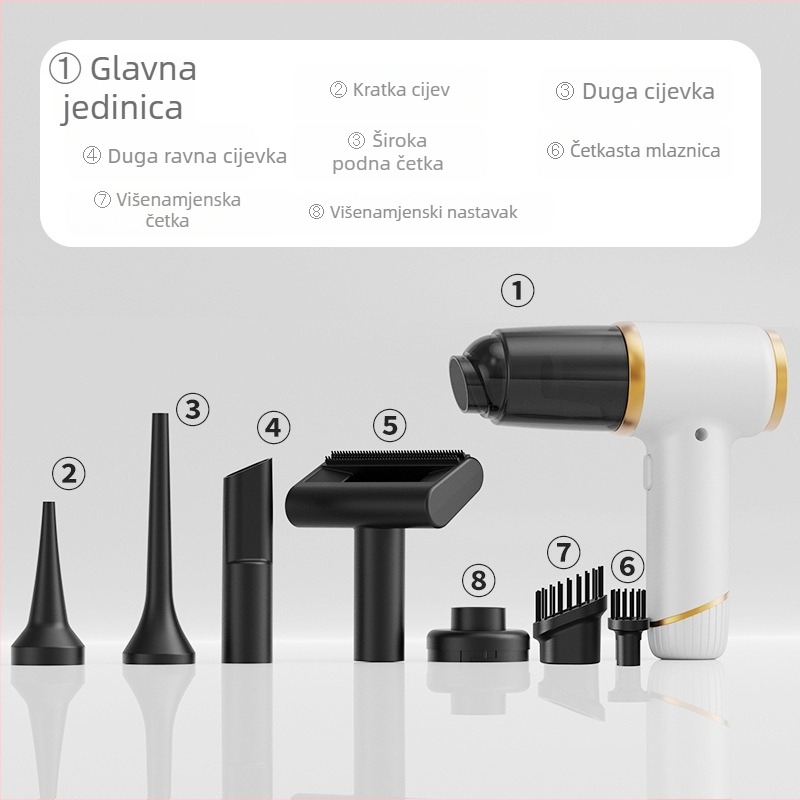 Bežični usisavač za auto i kuću s funkcijom puhanja i usisavanja, 60W, USB napajanje, ugrađena baterija 1001–1600 mAh, vrijeme rada 1–3 h, buka < 36 dB