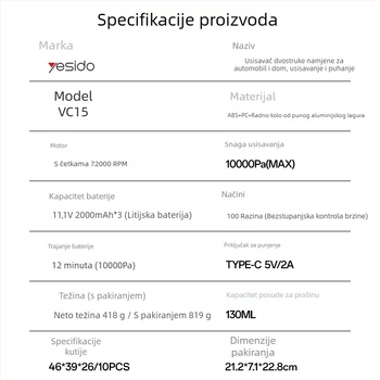 Yesido bežični višenamjenski usisavač, ručni, snažan usis, za dom i automobil, 2-u-1 usisavač i mop