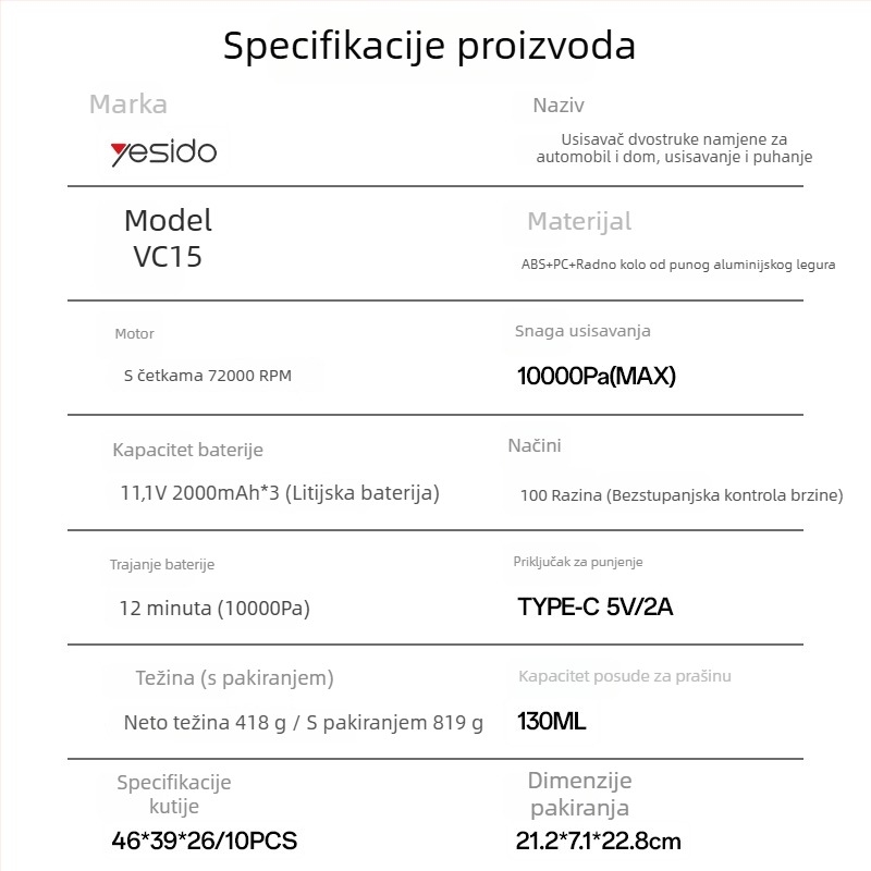Yesido bežični višenamjenski usisavač, ručni, snažan usis, za dom i automobil, 2-u-1 usisavač i mop