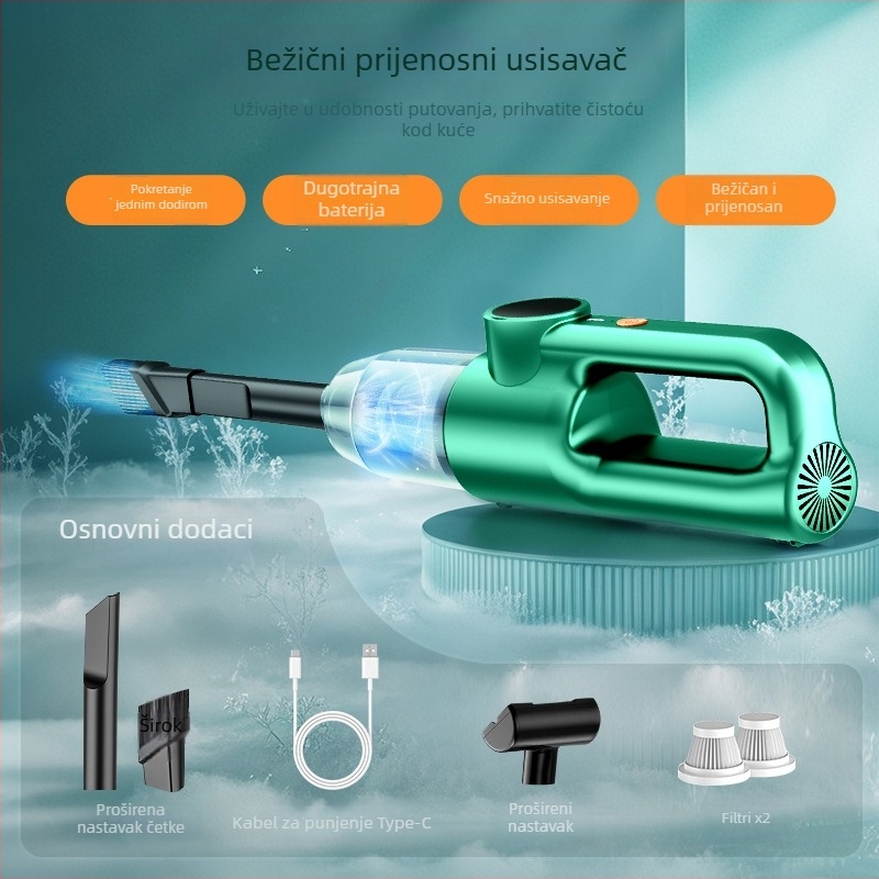 Bežični ručni usisavač za automobil s bežičnim punjenjem, 120W, usisna snaga 10.1–15 kPa, ugrađena baterija 2000–2500 mAh, posuda za prašinu
