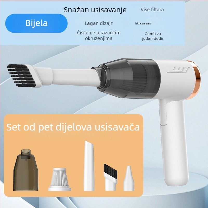 Ručni bežični usisavač za auto s USB punjenjem; usisna snaga 10,1–15 kPa; ugrađena baterija 501–800 mAh; trajanje rada 1–3 h; buka 36–45 dB