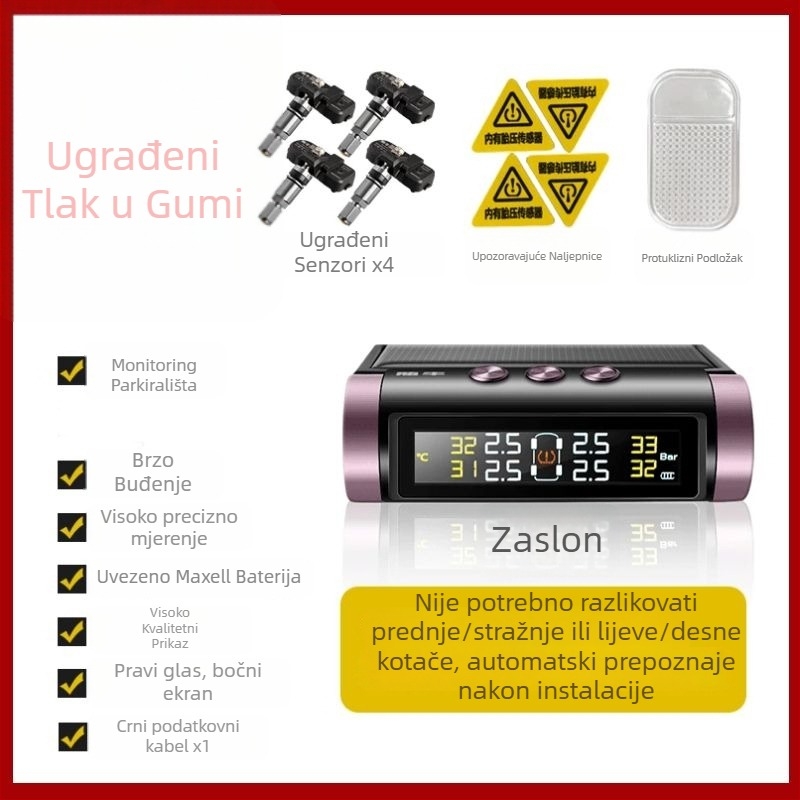 TPMS sa solarnim napajanjem, prijenosnim senzorom i zaslonom za nadzor tlaka u gumama