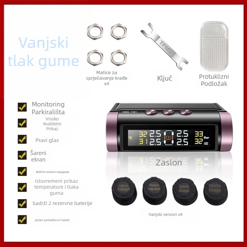 TPMS sa solarnim napajanjem, prijenosnim senzorom i zaslonom za nadzor tlaka u gumama