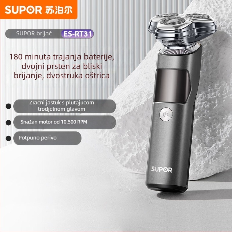 Električni brijač s 3 rotacijske glavom, plutajuća glava s zrčnim jastučićem, LED zaslon, cijelo tijelo periv, trajanje baterije 150 dana