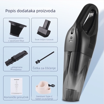 Bežični ručni usisivač za auto i dom, mokro-suho čišćenje, 11.1V, 9000Pa, 20 minuta rada, LED svjetlo